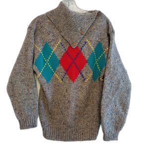 Vtg Gap 1980s Chunky Argyle Sweater Triangle Button Collar Wool Womens S